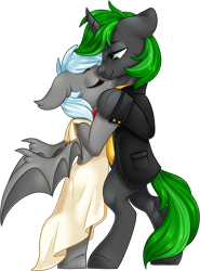 Size: 1370x1850 | Tagged: safe, artist:kellythedrawinguni, imported from derpibooru, oc, oc only, oc:intrepid scholar, oc:winter rose, bat pony, pony, unicorn, bipedal, clothes, dancing, dress, female, male, necktie, suit, tuxedo