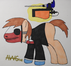 Size: 3588x3308 | Tagged: safe, artist:awgear, imported from derpibooru, oc, oc:polished gear, pony, clothes, drill, gloves, magic, magic aura, mask, payday, payday 2, robbery, suit, this will end in jail time, wolf (payday)