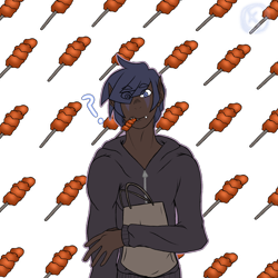 Size: 1688x1688 | Tagged: safe, artist:moonaknight13, imported from derpibooru, oc, oc only, oc:nireus eclipse, human, bag, clothes, dark skin, food, humanized, kebab, shopping bag, simple background, solo, transparent background