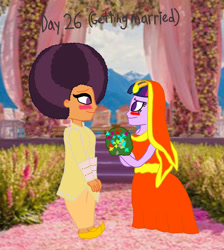 Size: 2000x2233 | Tagged: safe, artist:bigpurplemuppet99, imported from derpibooru, saffron masala, twilight sparkle, equestria girls, afro, alternate clothes, clothes, dress, female, indian clothes, lesbian, shipping, twiffron, wedding dress