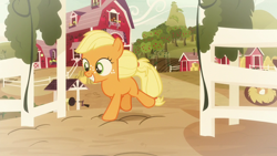 Size: 1280x720 | Tagged: safe, imported from derpibooru, screencap, applejack, earth pony, pony, going to seed, female, fence, filly, filly applejack, freckles, smiling, solo, sweet apple acres, younger