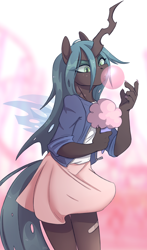 Size: 1758x3000 | Tagged: safe, artist:1an1, imported from derpibooru, queen chrysalis, anthro, changeling, changeling queen, bandaid, bubblegum, clothes, cotton candy, cute, cutealis, female, food, gum, high res, jacket, miniskirt, moe, skirt, solo