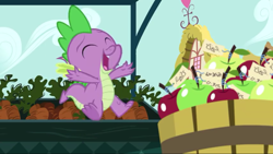 Size: 1280x720 | Tagged: safe, imported from derpibooru, screencap, spike, dragon, the big mac question, apple, claws, cute, eyes closed, fangs, food, ponyville, spikabetes, spread toes, tail, winged spike, wings