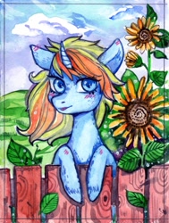 Size: 1945x2576 | Tagged: safe, artist:matokiro, imported from derpibooru, oc, oc only, oc:skydreams, pony, unicorn, blushing, blushing ears, ear blush, female, flower, mare, sunflower, watercolor painting, ych result