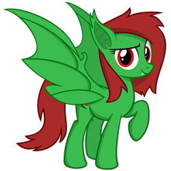 Size: 3000x3000 | Tagged: safe, artist:chrisfhey, imported from derpibooru, oc, oc only, oc:watermelon frenzy, pony, vampire bat pony, fangs, green coat, looking at you, red mane, solo, standing, updated, vampire wings, vector, wings