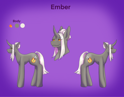 Size: 2522x1963 | Tagged: safe, artist:blacksky1113, artist:snows-undercover, imported from derpibooru, oc, oc only, oc:ember arrow, pony, unicorn, colored sclera, curved horn, female, horn, mare, reference sheet, solo