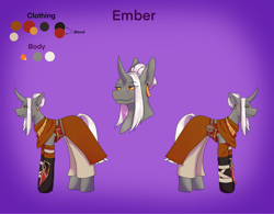 Size: 2522x1963 | Tagged: safe, alternate version, artist:blacksky1113, artist:snows-undercover, imported from derpibooru, oc, oc only, oc:ember arrow, pony, unicorn, armor, bandage, belt, clothes, colored sclera, curved horn, ear piercing, earring, female, gauntlet, gloves, horn, jewelry, mare, pants, piercing, pouch, reference sheet, skirt, solo