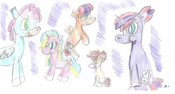 Size: 1965x1052 | Tagged: safe, artist:ptitemouette, imported from derpibooru, oc, oc:aquamarine, oc:jellyfish, oc:magic spoon, oc:opal pearl, oc:starfish, pony, baby, baby pony, brother and sister, father and daughter, father and son, female, male, mother and daughter, mother and son, parent:oc:chili pepper, parent:oc:coquillage, parent:oc:galaxy trick, parent:oc:harry trotter, parent:oc:magic spoon, parent:oc:opal pearl, parents:oc x oc, siblings, sisters, traditional art