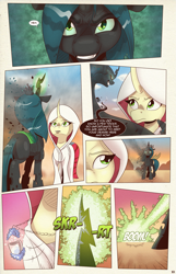 Size: 1253x1950 | Tagged: safe, artist:saturdaymorningproj, imported from derpibooru, queen chrysalis, oc, oc:himecchi shinku, changeling, changeling queen, pony, unicorn, comic:i await a guardian, comic, explosion, female, glowing horn, guardian, horn