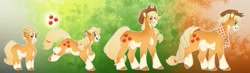 Size: 1651x484 | Tagged: safe, artist:turnipberry, imported from derpibooru, applejack, earth pony, pony, the cutie mark chronicles, the last problem, age progression, applejack's hat, bald face, braided tail, coat markings, cowboy hat, cutie mark, elderly, female, filly, filly applejack, foal, gradient background, hat, mare, socks (coat marking), socks (coat markings), younger