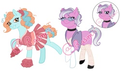 Size: 1163x687 | Tagged: safe, artist:ponyrasmeii, imported from derpibooru, oc, oc only, oc:satin crystal, oc:swift-steps, earth pony, pony, icey-verse, blank flank, cheerleader, cheerleader outfit, choker, clothes, ear piercing, earring, female, flats, glasses, gloves, grin, jewelry, magical lesbian spawn, mare, offspring, parent:lighthoof, parent:limestone pie, parent:shimmy shake, parent:suri polomare, parents:shimmyhoof, parents:suristone, piercing, pleated skirt, pom pom, raised hoof, raised leg, shirt, shoes, simple background, skirt, smiling, socks, stockings, thigh highs, vest, watermark, white background