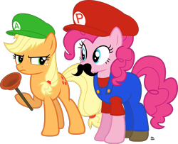 Size: 2200x1783 | Tagged: safe, artist:anime-equestria, imported from derpibooru, applejack, pinkie pie, earth pony, pony, annoyed, cap, clothes, costume, crossover, duo, facial hair, female, hat, luigi, luigi's hat, luijack, male, mario, mario & luigi, mario and luigi, mario's hat, mariopie, moustache, nintendo, overalls, plumber, plunger, shirt, shoes, simple background, straight, super mario bros., transparent background, undershirt, vector