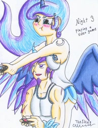 Size: 785x1018 | Tagged: safe, artist:the1king, imported from derpibooru, princess luna, oc, oc:azure night, human, gamer luna, 3, 30 day otp challenge, azuna, blushing, butt wings, canon x oc, clothes, controller, cutie mark on human, horn, horned humanization, humanized, humanized oc, jewelry, pouting, tanktop, tattoo, winged humanization, wings