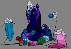 Size: 987x680 | Tagged: safe, artist:mythpony, imported from derpibooru, oc, oc only, oc:myth, alicorn, pony, alicorn oc, eyes closed, female, knitting, magic, mare, prone, solo, telekinesis, yarn, yarn ball