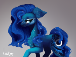 Size: 4128x3096 | Tagged: safe, artist:livitoza, imported from derpibooru, princess luna, pony, unicorn, alternate design, female, freckles, gradient background, looking at you, missing horn, solo, wingless