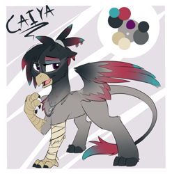 Size: 1373x1388 | Tagged: safe, artist:beardie, imported from derpibooru, oc, oc only, oc:caiya, griffon, bandage, bandaged leg, female, griffon oc, reference, simple background, sketch, solo, text