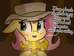 Size: 2676x2025 | Tagged: safe, artist:artiks, imported from derpibooru, fluttershy, pegasus, pony, daring doubt, blushing, cheek fluff, confession, cute, dialogue, female, floppy ears, hat, mare, shyabetes, solo, truth talisman