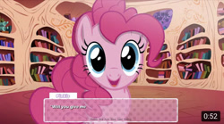 Size: 750x418 | Tagged: safe, artist:tweek studio animation, imported from derpibooru, pinkie pie, pony, asking forgiveness, cute, diapinkes, female, golden oaks library, looking at you, mare, show accurate, solo, talking to viewer, text box, youtube