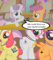 Size: 640x720 | Tagged: safe, edit, edited screencap, imported from derpibooru, screencap, apple bloom, scootaloo, sweetie belle, pegasus, pony, unicorn, the show stoppers, butt, comic, cutie mark crusaders, female, filly, freemason, illuminati, plot, rosicrucian, speech bubble