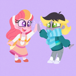 Size: 500x500 | Tagged: safe, artist:carouselunique, imported from derpibooru, oc, oc only, oc:aero, oc:honeycrisp blossom, equestria girls, clothes, dress, duo, equestria girls-ified, female, headband, high five, jeans, male, offspring, pants, parent:big macintosh, parent:derpy hooves, parent:oc:warden, parent:princess cadance, parents:cadmac, parents:canon x oc, parents:warderp, scarf, shoes, socks, sweater