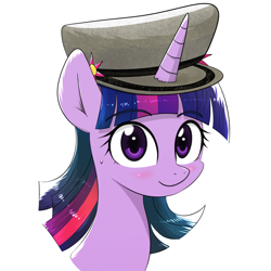 Size: 1650x1650 | Tagged: safe, artist:yinglongfujun, artist:yinglung, imported from derpibooru, twilight sparkle, pony, unicorn, cap, female, hat, horn, horn impalement, simple background, solo, transparent background