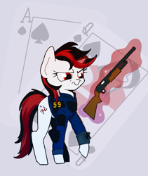 Size: 843x999 | Tagged: safe, artist:ivyredmond, imported from derpibooru, oc, oc only, oc:blackjack, pony, unicorn, fallout equestria, fallout equestria: project horizons, gun, shotgun, solo, vault security armor, weapon