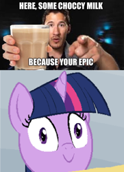 Size: 680x937 | Tagged: safe, imported from derpibooru, twilight sparkle, caption, chocolate, chocolate milk, everything is ruined, female, grammar error, image macro, mare, markiplier, meme, milk, misspelling, misspelling of you're, pure unfiltered evil, smiling, text, this will end in spilled milk, this will end in tears, this will not end well