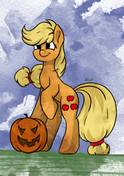 Size: 1748x2480 | Tagged: safe, artist:jellysketch, artist:jellyys, imported from derpibooru, applejack, earth pony, pony, applejack-o-lantern, digital, female, halloween, holiday, inktober, inktober 2019, jack-o-lantern, mare, pumpkin, solo, standing