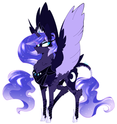 Size: 2169x2293 | Tagged: safe, artist:ajue, imported from derpibooru, princess luna, alicorn, pony, armor, chest fluff, chestplate, clothes, colored wings, crown, dappled, female, fluffy, jewelry, leg wraps, leonine tail, mare, necklace, peytral, redesign, regalia, shoes, simple background, socks (coat marking), socks (coat markings), solo, tail feathers, transparent background, wings