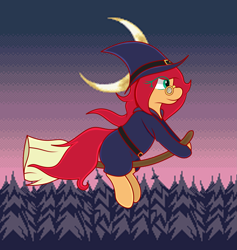 Size: 2427x2562 | Tagged: safe, artist:big brawler, artist:spk, imported from derpibooru, oc, oc:vivian cereza, pony, broom, eye clipping through hair, flying, flying broomstick, glasses, hat, night, witch costume, witch hat