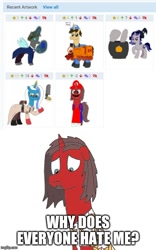 Size: 500x803 | Tagged: safe, artist:supahdonarudo, imported from derpibooru, oc, oc:chance mccoy, oc:daylit inquiry, oc:fleurbelle, oc:ironyoshi, oc:moonlit silver, derpibooru, juxtaposition, meme, meta, sad