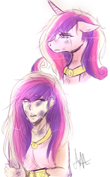 Size: 739x1182 | Tagged: safe, artist:royalroyale, imported from derpibooru, princess cadance, alicorn, human, pony, a canterlot wedding, bruised, bust, crying, female, human ponidox, humanized, injured, mare, messy hair, messy mane, scene interpretation, self ponidox, signature, simple background, white background