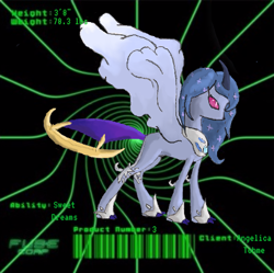 Size: 448x446 | Tagged: safe, artist:spqr21, imported from derpibooru, princess luna, absol, alicorn, lunala, pony, swablu, abstract background, barcode, crossover, ethereal mane, female, fusion, hoof shoes, mare, metal claws, peytral, pokémon, solo, starry mane, story included