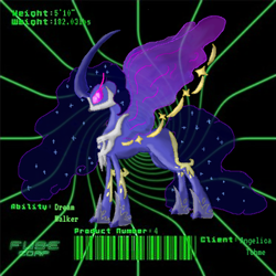 Size: 448x448 | Tagged: safe, artist:spqr21, imported from derpibooru, nightmare moon, absol, alicorn, lunala, pony, swablu, abstract background, barcode, cosmog, crossover, curved horn, ethereal mane, female, fusion, hoof shoes, horn, mare, metal claws, peytral, pokémon, starry mane, story included