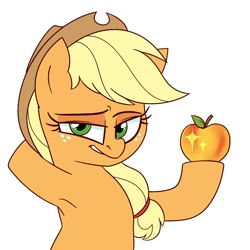 Size: 1400x1400 | Tagged: safe, artist:notenoughapples, imported from derpibooru, applejack, earth pony, pony, apple, armpits, bedroom eyes, female, food, golden apple, mare, simple background, solo, white background