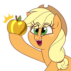 Size: 1400x1400 | Tagged: safe, artist:notenoughapples, imported from derpibooru, applejack, earth pony, pony, apple, cute, eye clipping through hair, female, food, golden apple, jackabetes, mare, open mouth, simple background, solo, white background