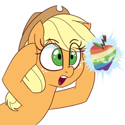 Size: 1400x1400 | Tagged: safe, artist:notenoughapples, imported from derpibooru, applejack, earth pony, pony, apple, eye clipping through hair, female, food, mare, open mouth, shocked, simple background, solo, white background, zap apple