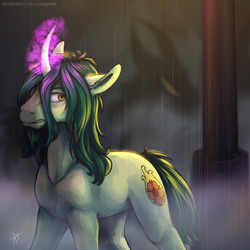Size: 2500x2500 | Tagged: safe, artist:yarugreat, imported from derpibooru, oc, oc only, oc:terry, oc:terryred, pony, unicorn, curved horn, high res, horn, male, rain, signature, solo, stallion