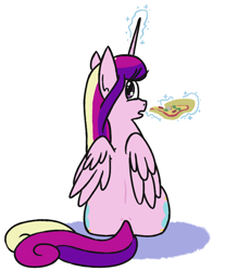 Size: 700x844 | Tagged: safe, artist:jargon scott, imported from derpibooru, princess cadance, alicorn, pony, both cutie marks, cute, cutedance, female, food, glowing horn, horn, looking back, magic, mare, meat, peetzer, pepperoni, pepperoni pizza, pizza, rear view, simple background, sitting, solo, telekinesis, that pony sure does love pizza, the ass was fat, white background