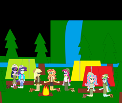 Size: 5784x4872 | Tagged: safe, artist:eli-j-brony, imported from derpibooru, applejack, fluttershy, pinkie pie, rainbow dash, rarity, sci-twi, sunset shimmer, twilight sparkle, equestria girls, campfire, camping, clothes, explorer outfit, food, hat, humane five, humane seven, humane six, marshmallow, mushroom, pith helmet, tent, tents, waterfall