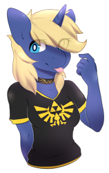 Size: 1186x1879 | Tagged: safe, artist:pomrawr, imported from derpibooru, oc, oc only, oc:glitch sketch, anthro, :p, beckoning, choker, clothes, eye clipping through hair, female, rule 63, simple background, solo, the legend of zelda, tongue out, transparent background, triforce