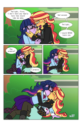 Size: 2650x4096 | Tagged: safe, artist:verumteednp, deleted from derpibooru, imported from derpibooru, sci-twi, sunset shimmer, twilight sparkle, comic:sparkling shimmer, equestria girls, blushing, chapter 3, clothes, comic, dialogue, female, jacket, kissing, leather jacket, lesbian, open mouth, scitwishimmer, shipping, sick, speech bubble, sunsetsparkle