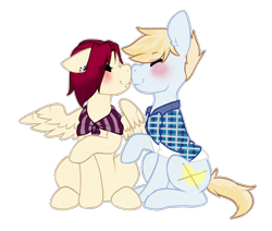 Size: 1374x1167 | Tagged: safe, artist:pomrawr, imported from derpibooru, oc, oc only, earth pony, pegasus, pony, blushing, clothes, earth pony oc, eyes closed, oc x oc, one wing out, pegasus oc, scarf, shipping, simple background, transparent background, wings