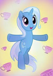 Size: 2479x3500 | Tagged: safe, artist:creativeli3, imported from derpibooru, trixie, pony, unicorn, bipedal, cute, diatrixes, female, mare, open mouth, solo, teacup, that pony sure does love teacups