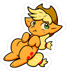 Size: 482x522 | Tagged: safe, artist:zutcha, imported from derpibooru, applejack, earth pony, pony, :t, cute, female, hooves to the chest, jackabetes, mare, on back, simple background, solo, transparent background