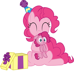 Size: 1841x1762 | Tagged: dead source, safe, artist:creativeli3, imported from derpibooru, pinkie pie, pony, cute, diapinkes, eyes closed, female, hat, hug, party hat, plushie, simple background, solo, transparent background