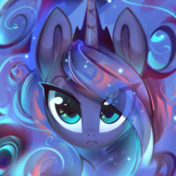 Size: 2001x2001 | Tagged: safe, artist:mirroredsea, imported from derpibooru, princess luna, alicorn, pony, bust, cute, ethereal mane, eye clipping through hair, female, floating head, frown, looking at you, lunabetes, mare, portrait, solo