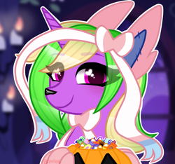 Size: 1395x1307 | Tagged: safe, artist:betavirus, artist:nekomellow, imported from derpibooru, oc, oc only, oc:sparkly breeze, pony, sylveon, unicorn, bow, candy, clothes, costume, dog nose, ears, female, food, halloween, halloween costume, holiday, mare, nightmare night, paws, pokémon, pumpkin, pumpkin bucket, ribbon