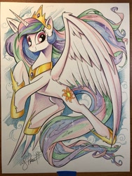 Size: 1536x2048 | Tagged: safe, artist:andypriceart, idw, imported from derpibooru, princess celestia, alicorn, pony, spoiler:comic, colored pencil drawing, female, jewelry, looking at you, mare, regalia, smiling, solo, traditional art
