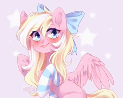 Size: 1615x1286 | Tagged: safe, artist:whiteliar, imported from derpibooru, oc, oc:bay breeze, pegasus, pony, blushing, bow, clothes, cute, female, hair bow, mare, open mouth, simple background, socks, striped socks